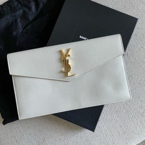Saint Laurent Uptown Leather Clutch Beige Leather/Gold